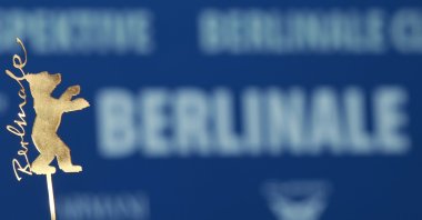 A Golden Berlinale Bear logo is displayed at a press conference for "At the Sea" during the 76th Berlin International Film Festival, Berlin, Germany, Feb. 2026. (EPA Photo)