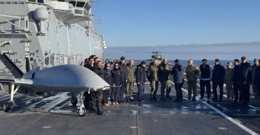NATO Cmdr. Gen. Ingo Gerhartz congratulates the Turkish Naval Forces after a Bayraktar TB3drone scored a direct hit during the NATO Steadfast Dart 2026 exercise in the Baltic Sea off northern Germany. (AA Photo)