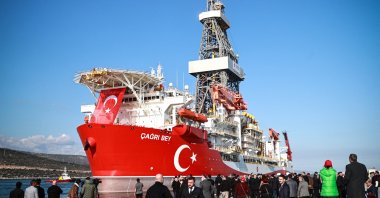 Türkiye's new seventh-generation ultra-deep sea drilling vessel, Çağrı Bey, is pictured as it is being sent off to its first mission location in Somalia from Mersin, southern Türkiye, Feb. 15, 2026. (AA Photo)