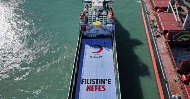 The 21st “Ship of Goodness” departs carrying humanitarian aid bound for Gaza, Mersin, Türkiye, Feb. 19, 2026. (AA Photo)