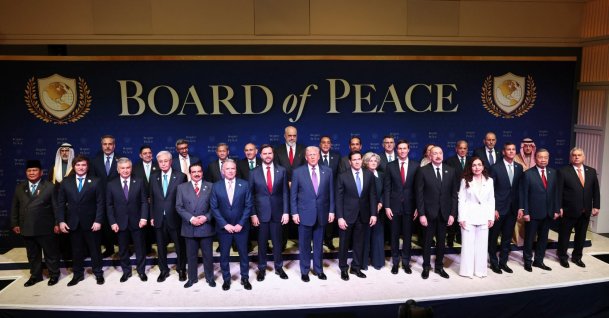 Participants attending the Board of Peace meeting pose for a photo at the U.S. Institute of Peace in Washington, D.C., U.S., Feb.19, 2026. (Reuters Photo)