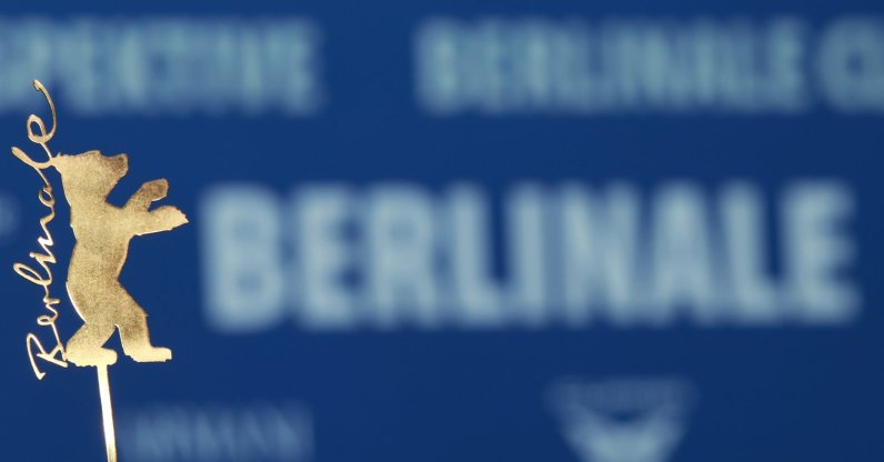 A Golden Berlinale Bear logo is displayed at a press conference for "At the Sea" during the 76th Berlin International Film Festival, Berlin, Germany, Feb. 2026. (EPA Photo)