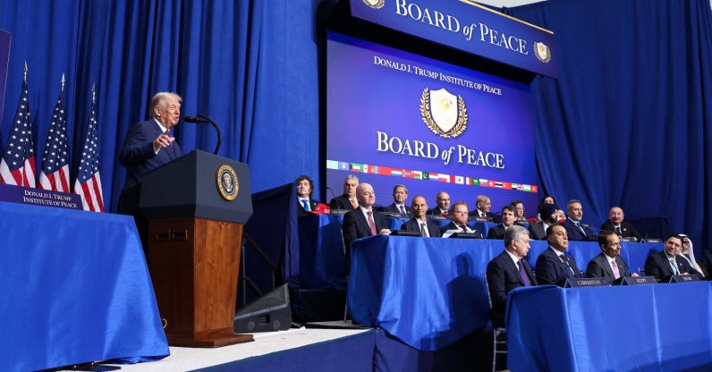 U.S. President Donald Trump speaks at the inaugural Board of Peace meeting at the U.S. Institute of Peace, Washington, D.C., U.S., Feb. 19, 2026. (Reuters Photo)