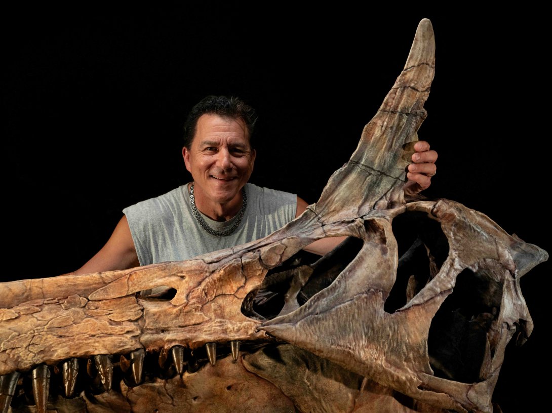 Paleontologist Paul Sereno poses in his Fossil Lab at the University of Chicago with a reconstructed skull of the dinosaur Spinosaurus mirabilis, Feb. 19, 2026. (University of Chicago Handout via Reuters)