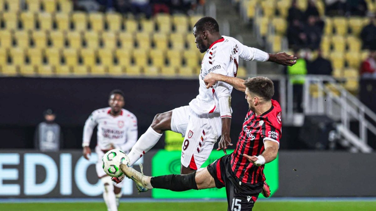 Samsunspor Marius Mouandilmadji (L) scores during the UEFA Conference League play-offs first-leg match between KF Shkendija and Samsunspor, Skopje, North Macedonia, Feb. 19, 2026. (AA Photo)
