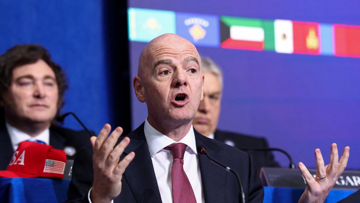 FIFA president Gianni Infantino speaks, as he and Argentina's President Javier Milei attend the inaugural Board of Peace meeting at the U.S. Institute of Peace, Washington, U.S., Feb. 19, 2026. (Reuters Photo)