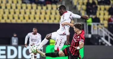 Samsunspor Marius Mouandilmadji (L) scores during the UEFA Conference League play-offs first-leg match between KF Shkendija and Samsunspor, Skopje, North Macedonia, Feb. 19, 2026. (AA Photo)
