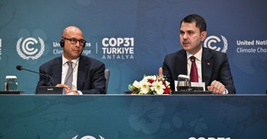 Environment, Urbanization and Climate Change Minister Murat Kurum (R) and Simon Stiell, executive secretary of the U.N. Framework Convention on Climate Change, hold a joint press conference on the upcoming COP31 climate summit to be hosted by Türkiye, Istanbul, Türkiye, Feb. 12, 2026. (AA Photo)