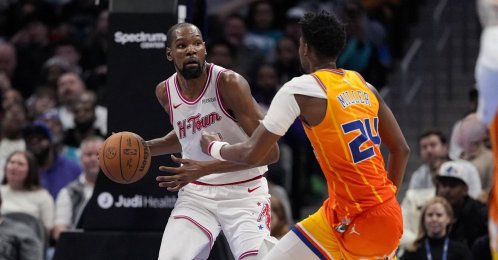 Houston Rockets' Kevin Durant (L) brings the ball up the court as Charlotte Hornets' Brandon Miller defends during the second half at Spectrum Center in Charlotte, North Carolina, U.S., Feb. 19, 2026. (Reuters  Photo)