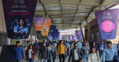 Visitors arrive at Bharat Mandapam, one of the venues for AI Impact Summit, in New Delhi, India, Feb. 20, 2026. (Reuters Photo)