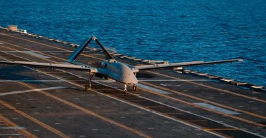 A Bayraktar TB3 UCAV is seen on the TCG Anadolu, undisclosed location, released on Feb. 21, 2026. (AA Photo)