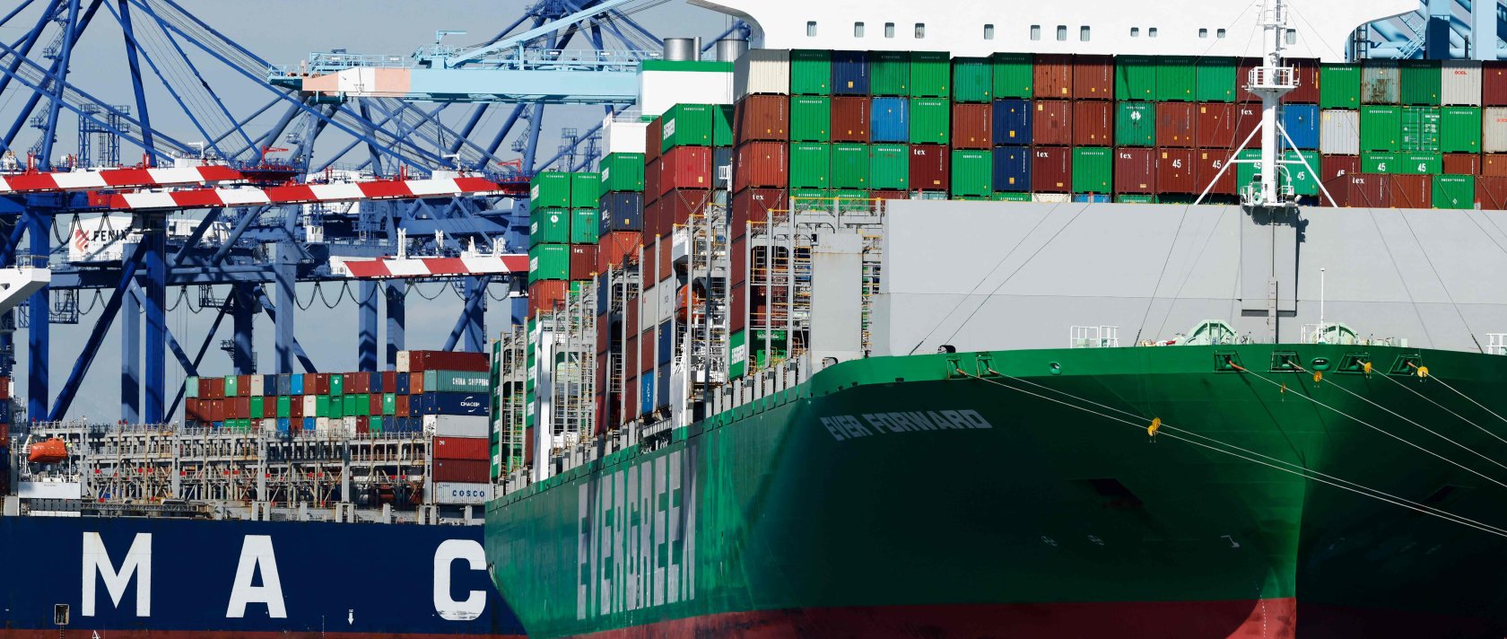 Shipping cranes stand above container ships loaded with shipping containers at the Port of Los Angeles in Los Angeles, California, U.S., Feb. 20, 2026. (AFP Photo)