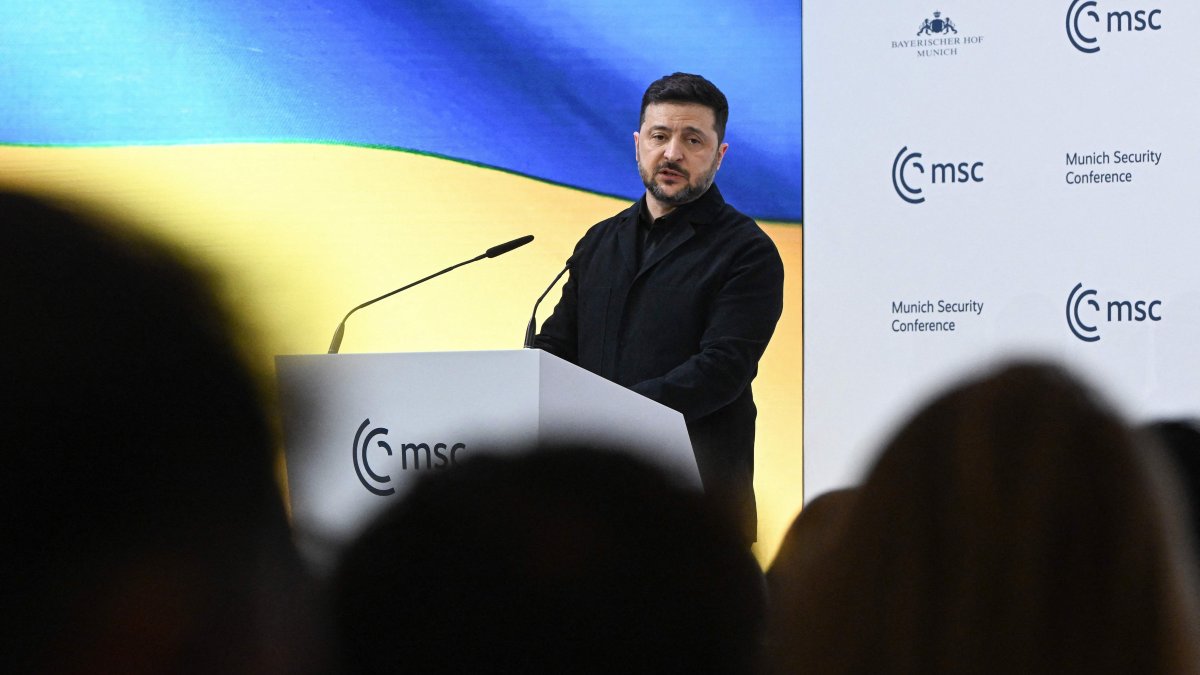 Ukrainian President Volodymyr Zelenskyy speaks during the 62nd Munich Security Conference (MSC), Munic, Germany, Feb. 14, 2026. (AFP Photo)