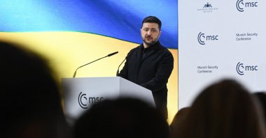 Ukrainian President Volodymyr Zelenskyy speaks during the 62nd Munich Security Conference (MSC), Munic, Germany, Feb. 14, 2026. (AFP Photo)