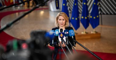 EU high representative and vice-president for Foreign Affairs and Security Policy Kaja Kallas speaks to the press as she arrives for the EU Foreign Affairs Council, Brussels, Belgium, Feb. 23, 2026. (AFP Photo)