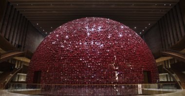Foyer view and red ceramic tiles of the Atatürk Cultural Center’s opera hall (AKM), Istanbul, Türkiye, Feb. 16, 2022. (Shutterstock Photo)