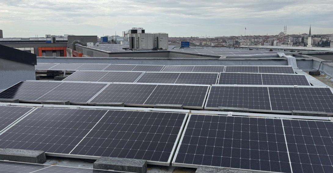 An aerial view of solar panels installed at a rooftop, Istanbul, Türkiye, Feb. 23, 2026. (AA Photo)