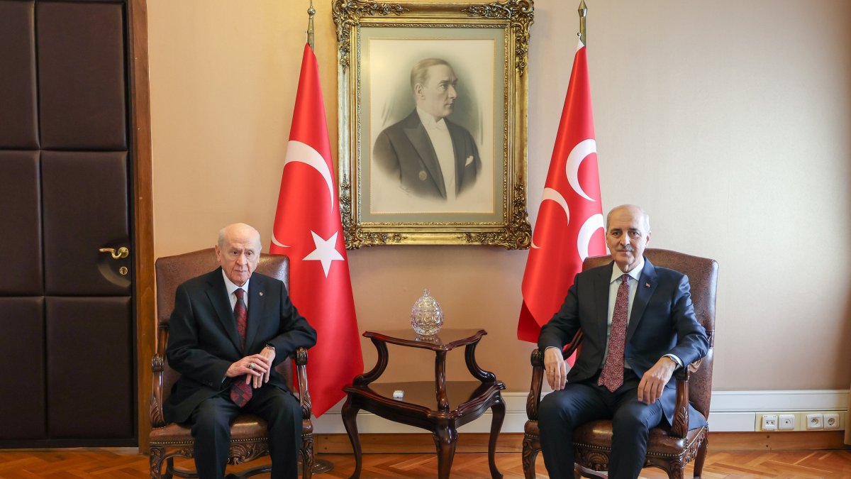 MHP leader Devlet Bahçeli (L) meets Parliament Speaker Numan Kurtulmuş, Ankara, Türkiye, Feb. 24, 2026. (AA Photo)