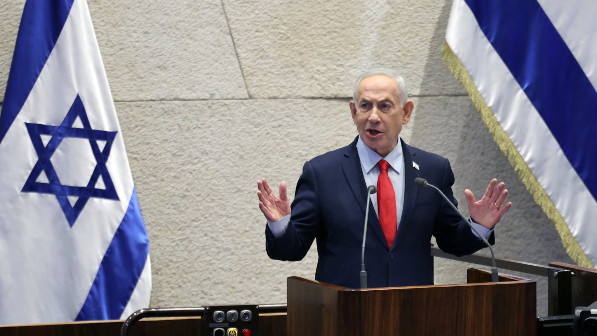 Israeli Prime Minister Benjamin Netanyahu delivers a speech at the Knesset, the Israeli parliament, in west Jerusalem, Feb. 23, 2026. (EPA Photo)