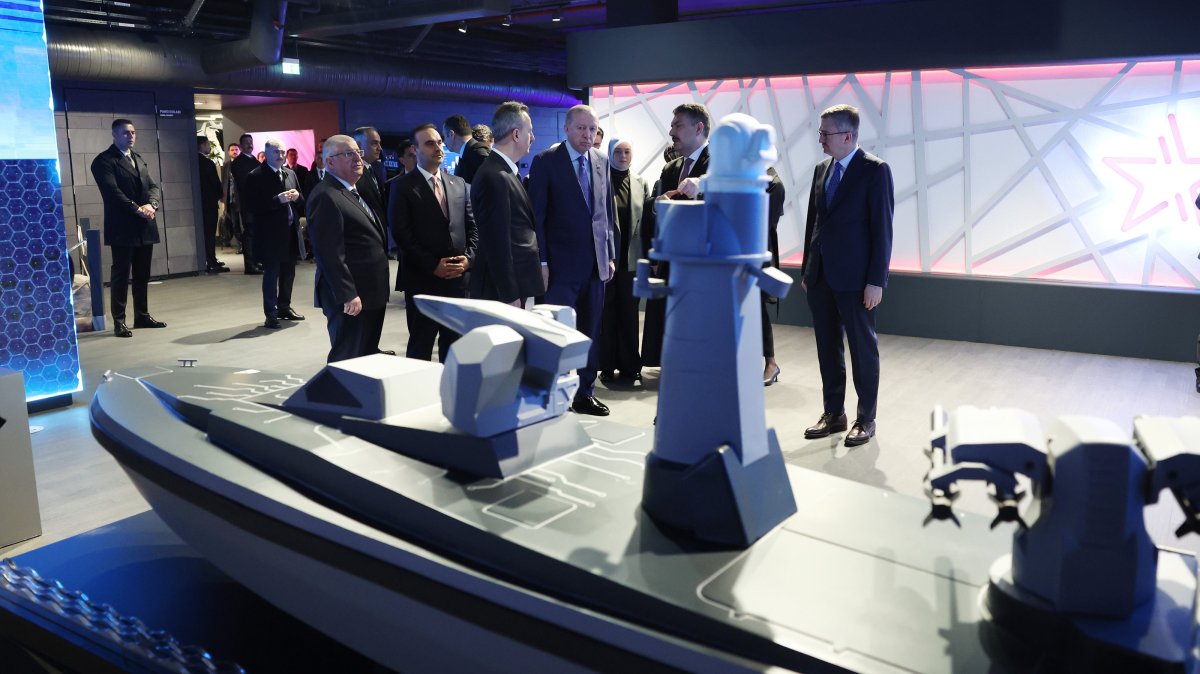 President Recep Tayyip Erdoğan looks at Havelsan's armed unmanned surface vessel, named Sancar, Ankara, Türkiye, Feb. 24, 2026. (AA Photo)