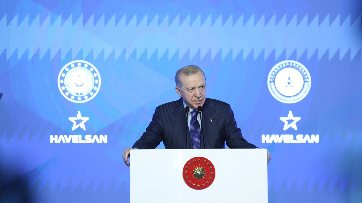 President Recep Tayyip Erdoğan delivers remarks at the HAVELSAN Sancar Unmanned Naval Vehicle commissioning ceremony and facility groundbreaking and opening event at the HAVELSAN Technology Campus, Ankara, Feb. 24, 2026. (AA Photo)