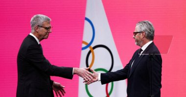 Casey Wasserman, chairman of the Los Angeles Organizing Committee for the 2028 Olympic and Paralympic Games, and Reynold Hoover, chief executive officer of the 2028 Summer Olympics, attend the 145th IOC Session at Auditorium MPC, Milan, Italy, Feb. 3, 2026. (Reuters Photo)

