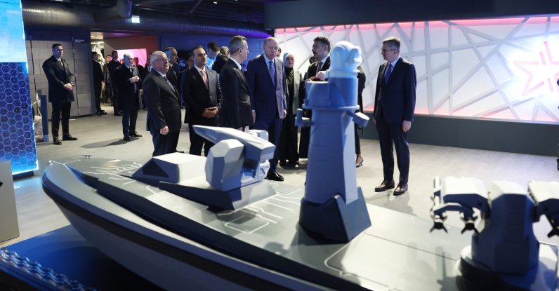 President Recep Tayyip Erdoğan looks at Havelsan's armed unmanned surface vessel, named Sancar, Ankara, Türkiye, Feb. 24, 2026. (AA Photo)