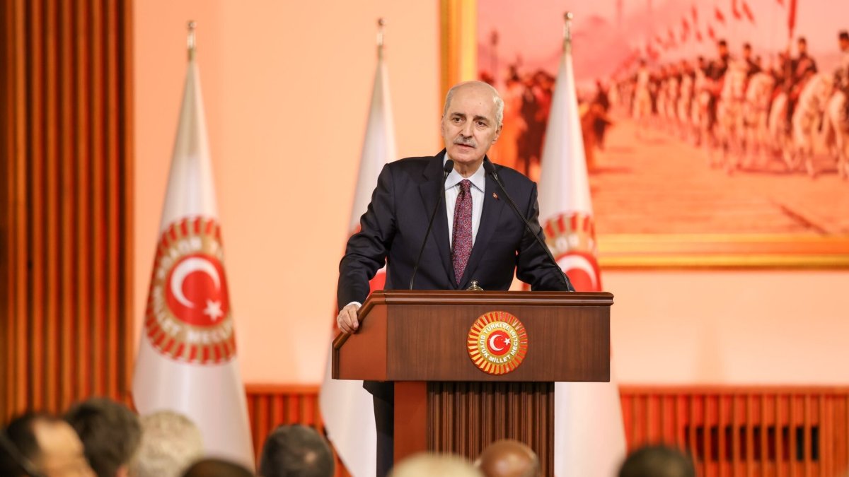 Parliament Speaker Numan Kurtulmuş speaks at an iftar dinner with foreign ambassadors, Ankara, Türkiye, Feb. 24, 2026. (DHA Photo)
