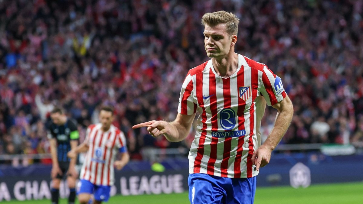 Atletico Madrid's Alexander Sorloth celebrates after scoring his team’s first goal during the UEFA Champions League knockout round play-off second leg match against Club Brugge at Metropolitano Stadium, Madrid, Spain, Feb. 24, 2026. (AFP Photo)
