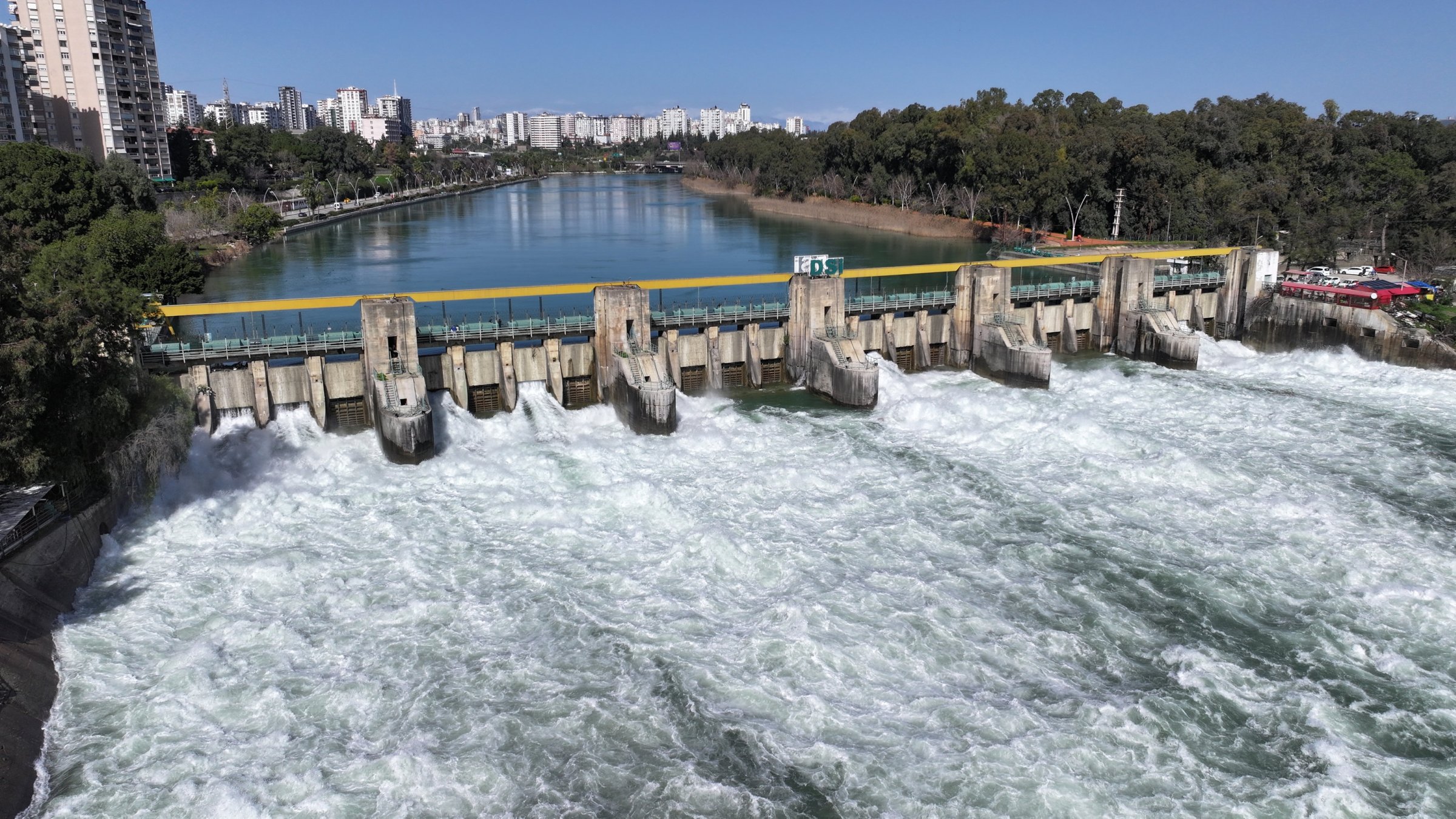 The Seyhan Dam releases water after a rainfall, Adana, Türkiye, Feb. 21, 2026. (AA Photo)
