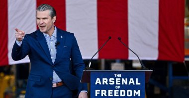 U.S. Defense Secretary Pete Hegseth gestures after speaking at Blue Origin, Cape Canaveral, Florida, U.S., Feb. 2, 2026. (AFP Photo)