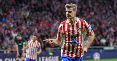 Atletico Madrid's Alexander Sorloth celebrates after scoring his team’s first goal during the UEFA Champions League knockout round play-off second leg match against Club Brugge at Metropolitano Stadium, Madrid, Spain, Feb. 24, 2026. (AFP Photo)
