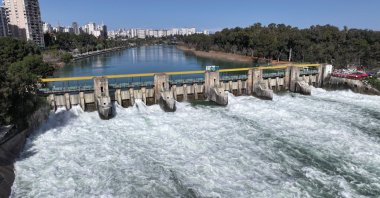 The Seyhan Dam releases water after a rainfall, Adana, Türkiye, Feb. 21, 2026. (AA Photo)