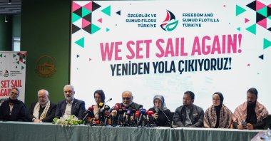 Dilek Tekocak (4th R) speaks at the news conference about the upcoming flotilla, Istanbul, Türkiye, Feb. 25, 2026. (AA Photo)