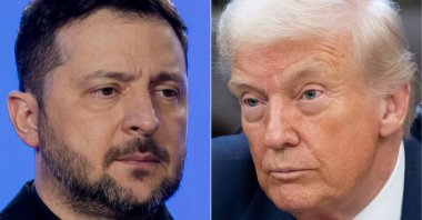 This combination of pictures created on Feb. 25, 2026 shows Ukraine's President Volodymyr Zelensky in Kyiv on Feb. 24, 2026 and U.S. President Donald Trump in the Oval Office of the White House in Washington, D.C., Feb. 3, 2026. (AFP)