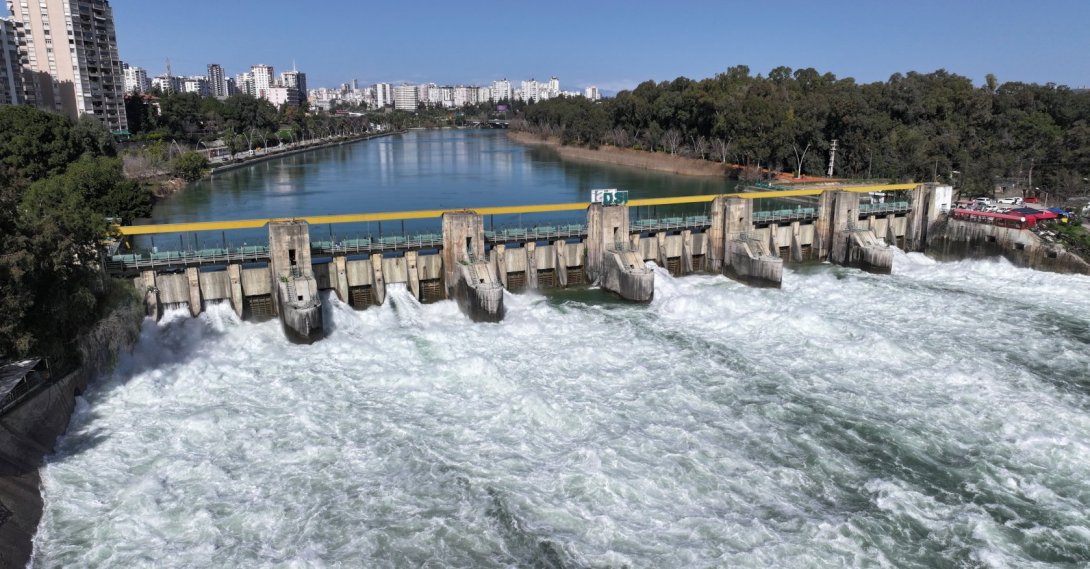 The Seyhan Dam releases water after a rainfall, Adana, Türkiye, Feb. 21, 2026. (AA Photo)