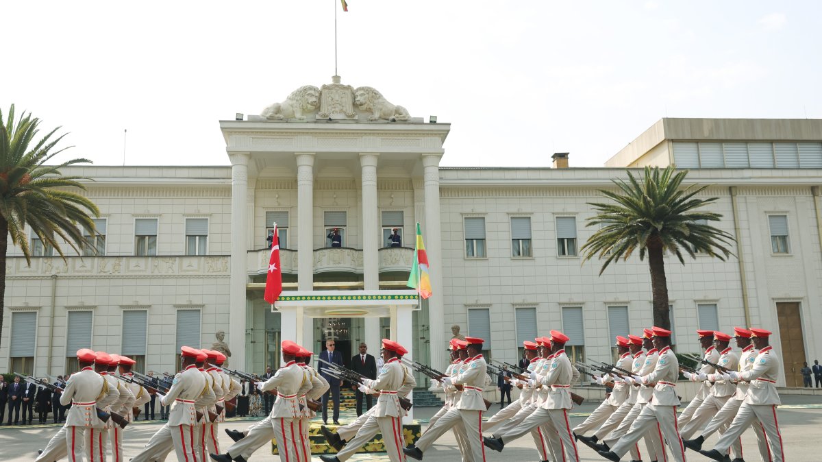President Recep Tayyip Erdoğan is officially welcomed by Ethiopian Prime Minister Abiy Ahmed Ali during his official visit to Addis Ababa, Ethiopia, Feb. 17, 2026. (İHA Photo)