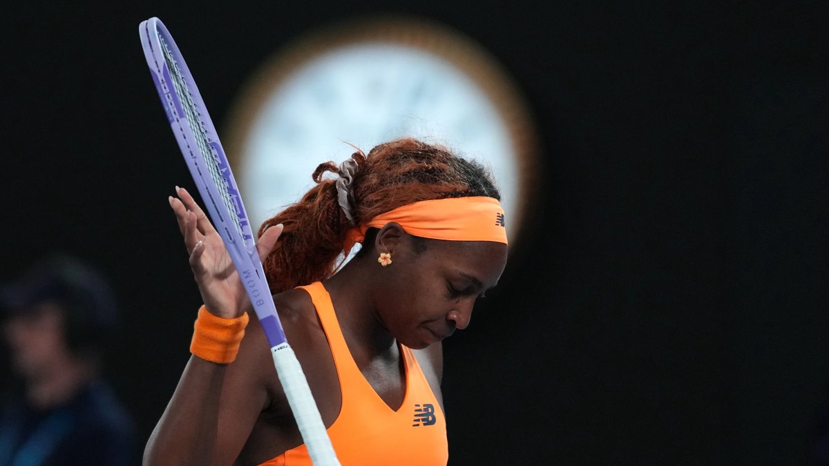 Coco Gauff of the U.S. reacts during her quarterfinal match against Elina Svitolina of Ukraine during their quarterfinal match at the Australian Open tennis championship, Melbourne, Australia, Jan. 27, 2026. (AP Photo)