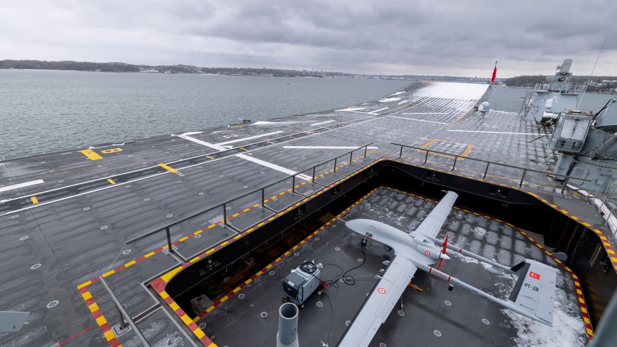 An aerial view of Baykar's Bayraktar TB3 unmanned combat aerial vehicle (UCAV) during a NATO drill in the Baltic Sea, Feb. 13, 2026. (AA Photo)