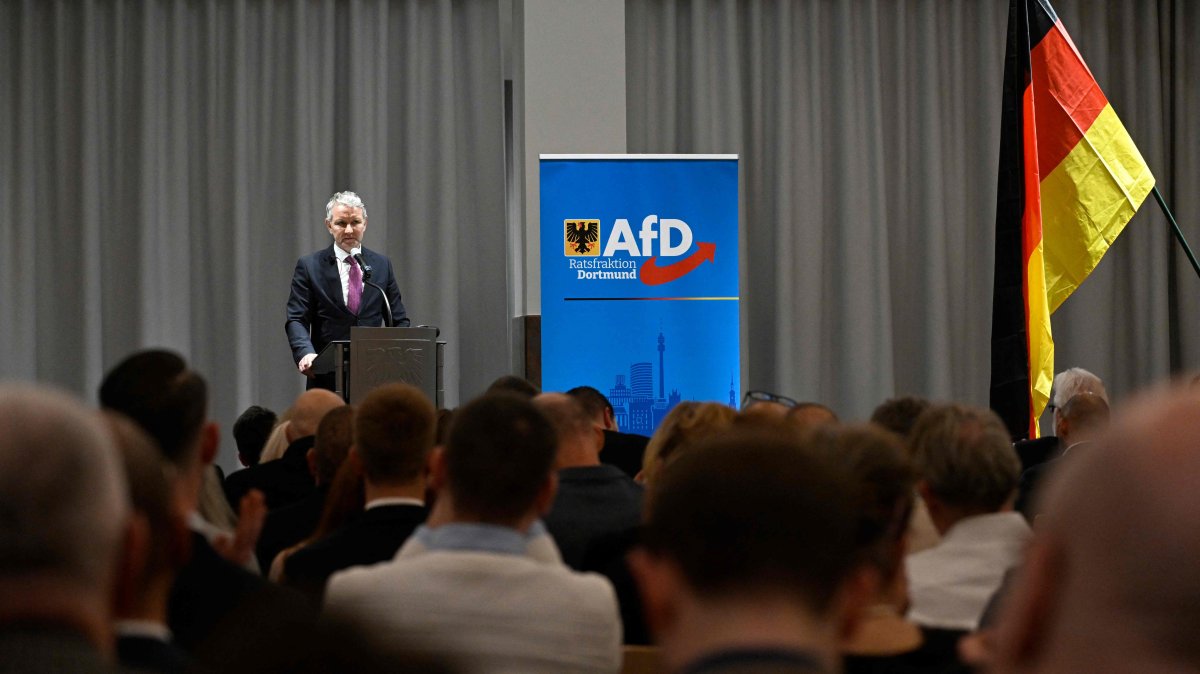 Bjoern Hoecke, regional chairman of the far-right Alternative for Germany (AfD) party in Thuringia, delivers a speech at the new year's reception of the far-right Alternative for Germany (AfD) party's faction in the city council of Dortmund, Feb. 22, 2026. (AFP Photo)