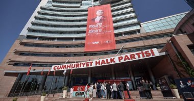 Journalists wait outside at the headquarters of the CHP, Ankara, Türkiye, Sept. 15, 2025. (AFP Photo) 