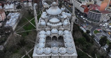 A drone view of Şehzade Mosque and its surrounding complex, highlighting the central dome, semi-domes and classical Ottoman külliye layout, Istanbul, Türkiye, Feb. 18, 2026. (AA Photo)
