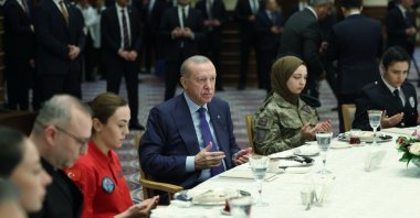 President Recep Tayyip Erdoğan, sitting next to military officers, join prayers after an iftar dinner, Ankara, Türkiye, Feb. 24, 2026. (DHA Photo)