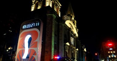 A police vehicle stands near a countdown clock for the FIFA World Cup 2026 on a street, days after a wave of blockades and attacks by organized crime triggered by a Mexican military operation in which Jalisco New Generation Cartel leader Nemesio Oseguera, known as "El Mencho," was killed, Guadalajara, Mexico, Feb. 25, 2026. (Reuters Photo)
