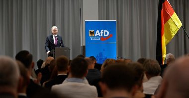 Bjoern Hoecke, regional chairman of the far-right Alternative for Germany (AfD) party in Thuringia, delivers a speech at the new year's reception of the far-right Alternative for Germany (AfD) party's faction in the city council of Dortmund, Feb. 22, 2026. (AFP Photo)