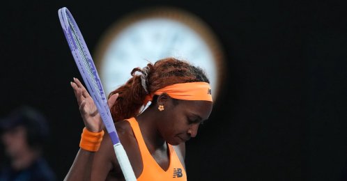 Coco Gauff of the U.S. reacts during her quarterfinal match against Elina Svitolina of Ukraine during their quarterfinal match at the Australian Open tennis championship, Melbourne, Australia, Jan. 27, 2026. (AP Photo)