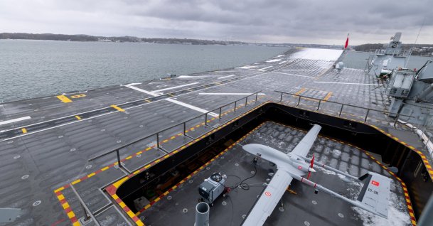 An aerial view of Baykar's Bayraktar TB3 unmanned combat aerial vehicle (UCAV) during a NATO drill in the Baltic Sea, Feb. 13, 2026. (AA Photo)