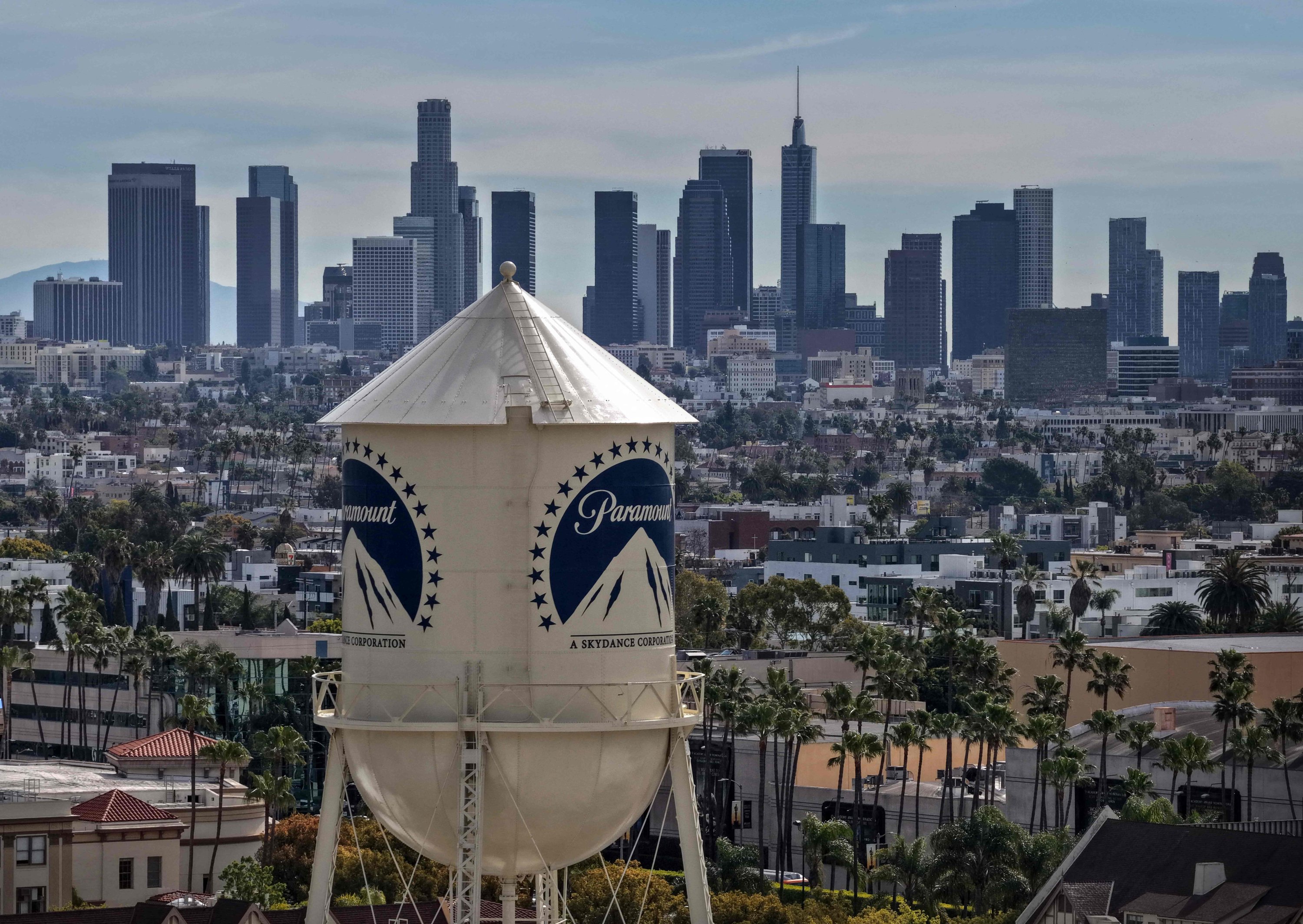 An aerial view of the Paramount logo on the water tower at Paramount Studios in Los Angeles, California, U.S., Feb. 23, 2026. (AFP Photo)