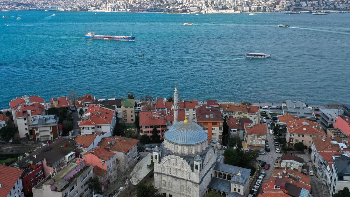 Drone footage captures Ayazma Mosque overlooking the Marmara Sea, Istanbul, Türkiye, Feb. 24, 2026. (AA Photo)