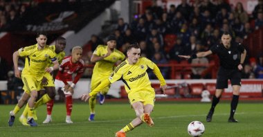 Fenerbahçe's Kerem Aktürkoğlu scores their second goal from the penalty spot during the UEFA Europa League playoff second leg match against Nottingham Forest at The City Ground, Nottingham, U.K., Feb. 26, 2026. (Reuters Photo)